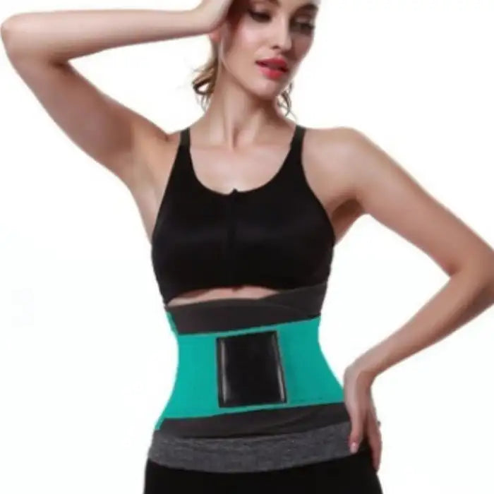Sweat waist trimmer in teal worn snugly around waist for compression and thermal activity.