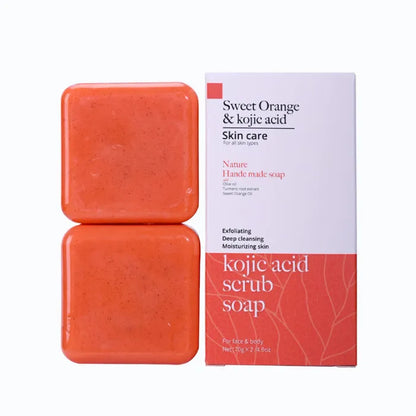 Detailed package of sweet orange and kojic acid scrub soap.