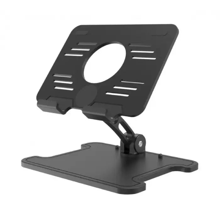 Tablet stand with adjustable height and black metal build, featuring ventilation slots and round cutout.