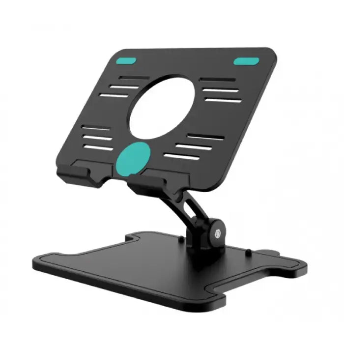 Tablet stand with black body and teal accents, designed with adjustable height and ventilated back panel.