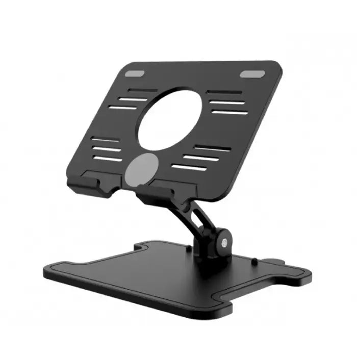 Black tablet stand with folding design and ventilation, shown from side angle on white background.