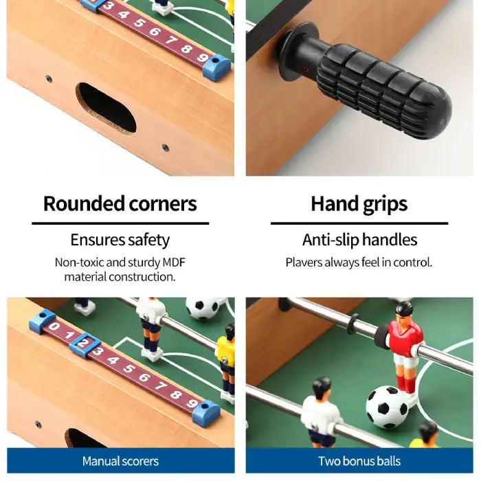 Tabletop foosball game featuring anti-slip grips, rounded corners, manual scorers, and bonus balls.