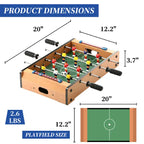 Tabletop foosball game with 20x12.2 inch size and 3.7 inch height, lightweight at 2.6 lbs.