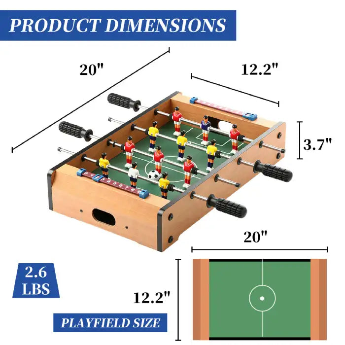 Tabletop foosball game with 20x12.2 inch size and 3.7 inch height, lightweight at 2.6 lbs.