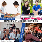 Tabletop foosball game shown in school, yard party, family, and team playtime settings.