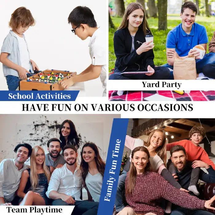 Tabletop foosball game shown in school, yard party, family, and team playtime settings.