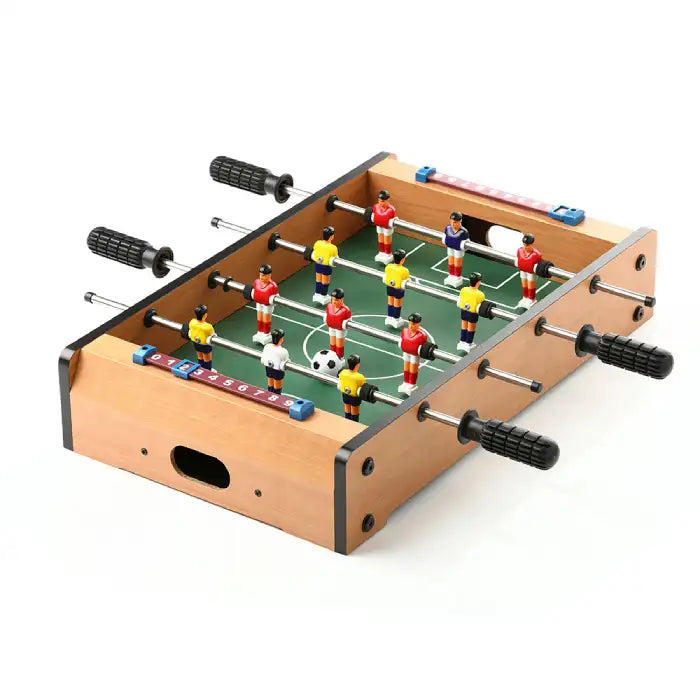 Tabletop foosball game with wood finish and compact design for indoor play and family fun.