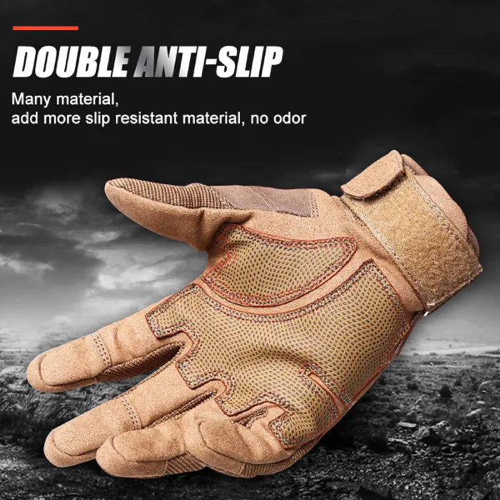 Tan glove with text highlighting anti-slip properties on a dark background