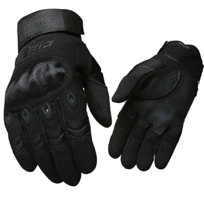 Pair of black tactical gloves on a white background