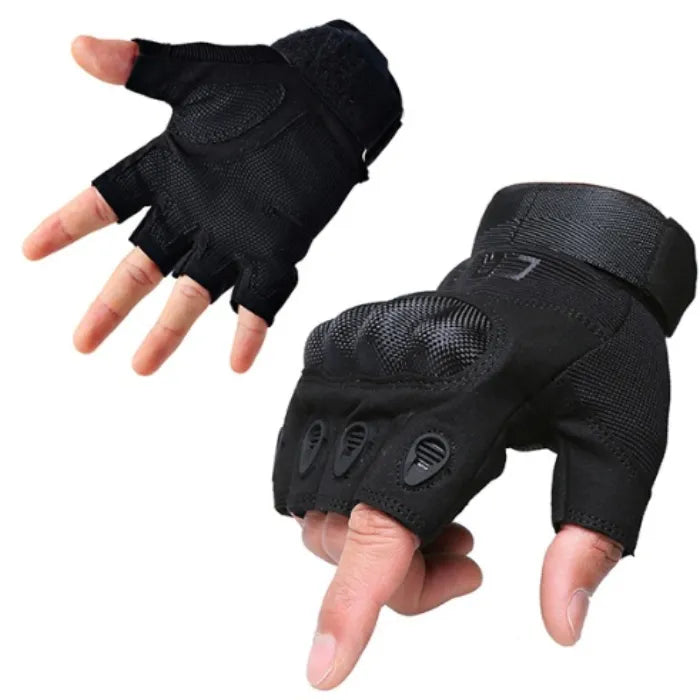 Black tactical gloves with fingerless design on a white background
