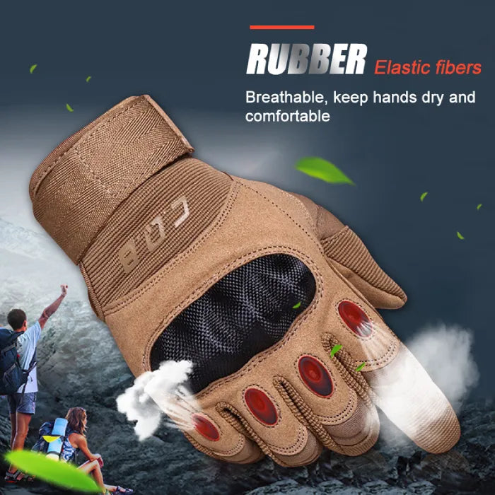 Brown tactical glove with text about rubber elastic fibers on a mountain background