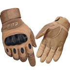 Pair of tan tactical gloves on a white background