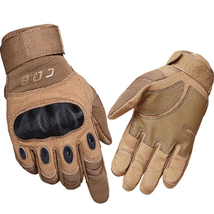 Pair of tan tactical gloves on a white background