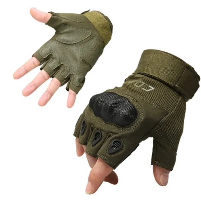 Pair of green tactical gloves on a white background