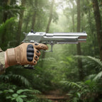 Hand holding a silver revolver with a forest background