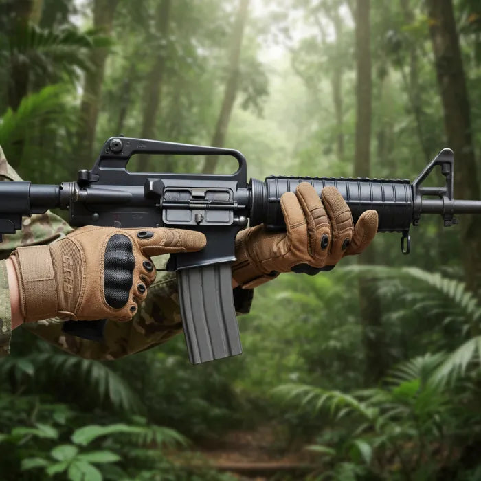 Person holding a rifle with gloves in a forest setting