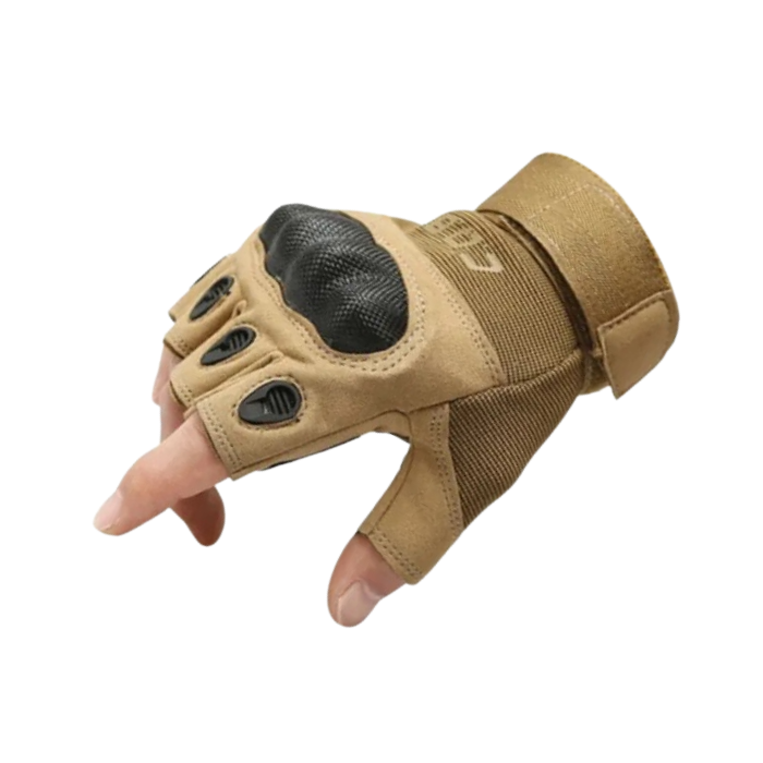Tan tactical glove with black accents on a white background