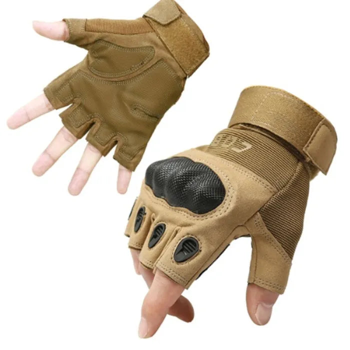 Tan tactical gloves with black accents on a white background