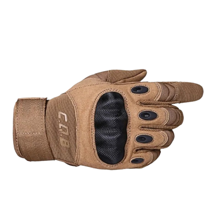 Tan tactical glove with black accents on a white background