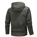  Tactical hooded jacket with zippered pockets in olive green, back view showing paneled construction and hood detail.