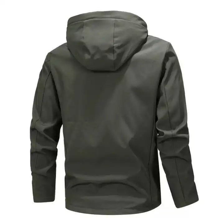  Tactical hooded jacket with zippered pockets in olive green, back view showing paneled construction and hood detail.