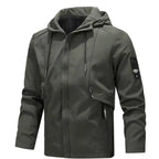 Tactical hooded jacket with zippered pockets in olive green, featuring adjustable drawstrings and sleeve patches.