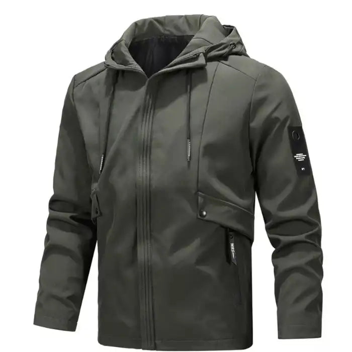 Tactical hooded jacket with zippered pockets in olive green, featuring adjustable drawstrings and sleeve patches.
