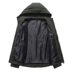 Tactical hooded jacket with zippered pockets shown open, revealing black interior lining and full zipper closure