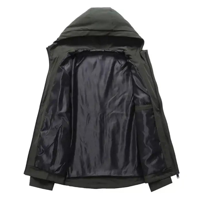 Tactical hooded jacket with zippered pockets shown open, revealing black interior lining and full zipper closure