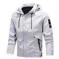  Tactical hooded jacket with zippered pockets in white, with black accents and adjustable drawstring hood feature.