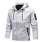  Tactical hooded jacket with zippered pockets in white, with black accents and adjustable drawstring hood feature.