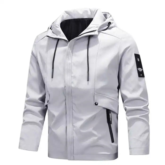  Tactical hooded jacket with zippered pockets in white, with black accents and adjustable drawstring hood feature.
