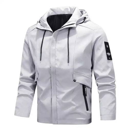  Tactical hooded jacket with zippered pockets in white, with black accents and adjustable drawstring hood feature.