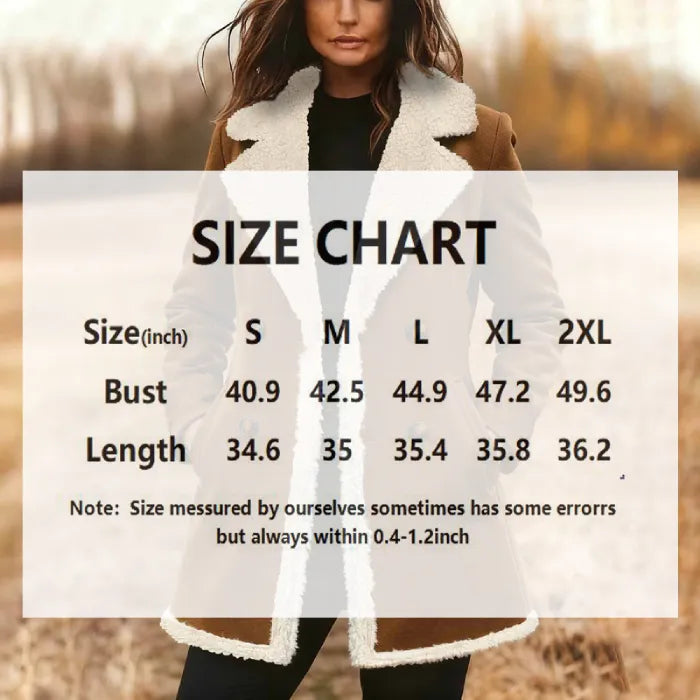 Tan Faux Shearling Coat size chart showing bust and length measurements for S to 2XL helping shoppers choose perfect fit