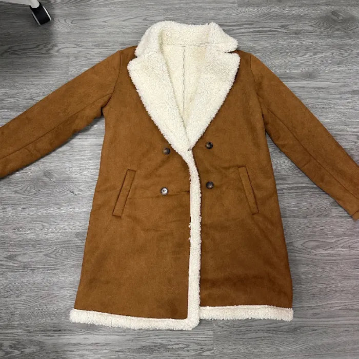Tan Faux Shearling Coat flat lay showing tan suede texture soft faux fur trim and practical pockets for daily wear