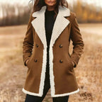 Tan Faux Shearling Coat worn by woman outdoors featuring double breasted design and cozy lining for winter warmth