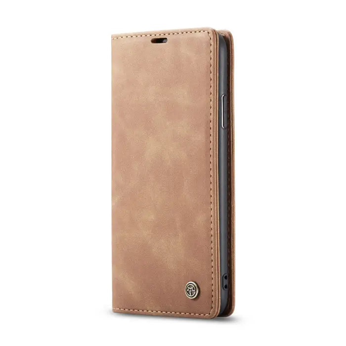 Minimalist tan leather wallet phone case with a soft texture and secure fit for mobile devices.