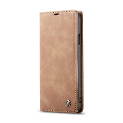 Minimalist tan leather wallet phone case with a soft texture and secure fit for mobile devices.