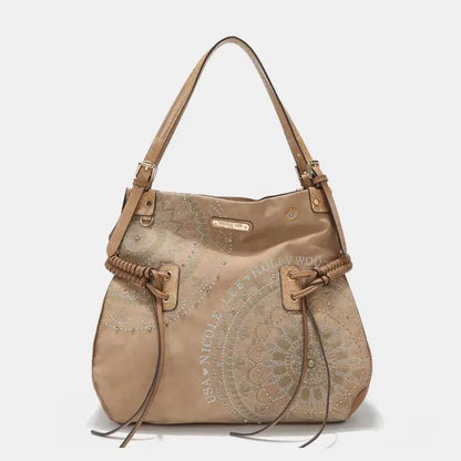 Tan shoulder bag with intricate mandala design and braided accents, perfect for stylish casual outings.