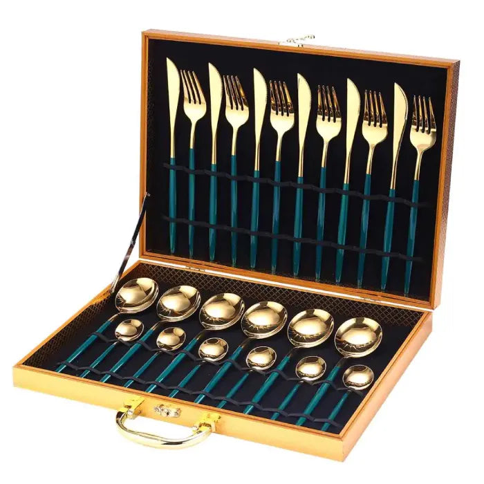 Premium flatware set with teal handles and gold finish in luxury presentation case