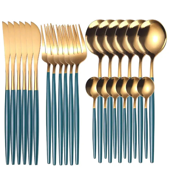 Luxury flatware set with teal handles and gold finish includes knives, forks and spoons