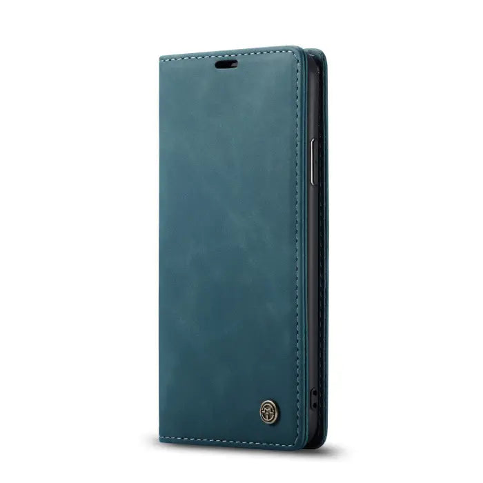 Sleek teal leather wallet phone case offering premium protection and modern design for smartphones.