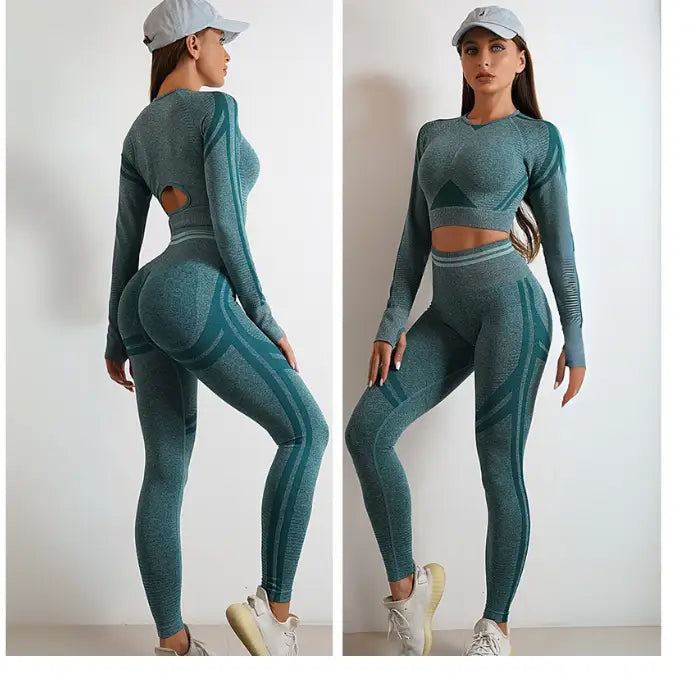  Teal seamless long-sleeve sports bra and high-waisted leggings full front and back view