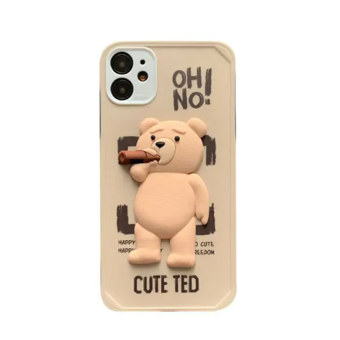 Ted iPhone case protector in beige with a 3D teddy bear design holding a cigar and "OH! NO!" text.