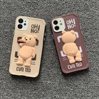 Duo of Ted iPhone case protectors in beige and brown with 3D teddy bear designs and playful "OH! NO!" text.