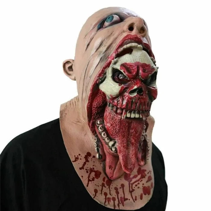 Terrifying-skull-in-mouth-halloween-mask in latex with detailed blood and fangs for costume parties.