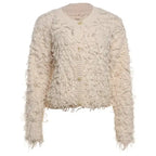 Textured loop knit cardigan jacket in beige, product view highlighting the fuzzy loop texture and button closure.