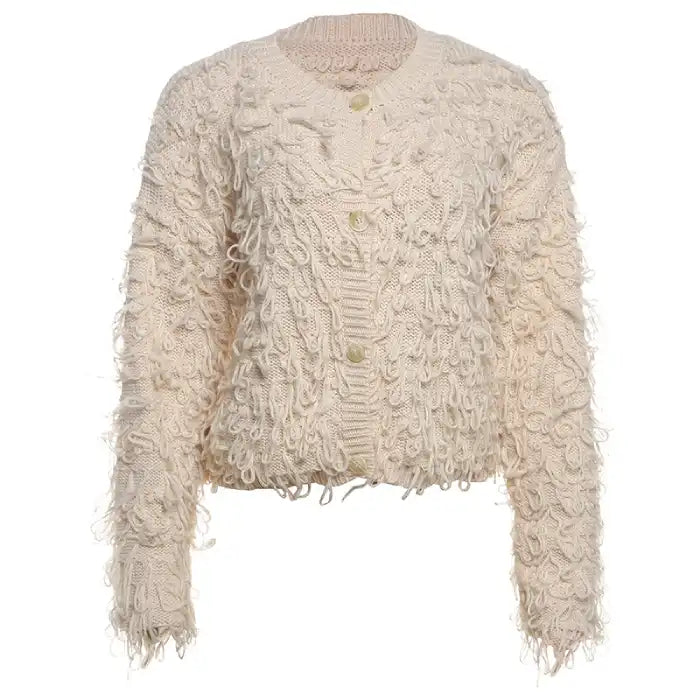 Textured loop knit cardigan jacket in beige, product view highlighting the fuzzy loop texture and button closure.