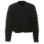 Textured loop knit cardigan jacket in black, flat lay displaying fuzzy loop details and button front closure design.