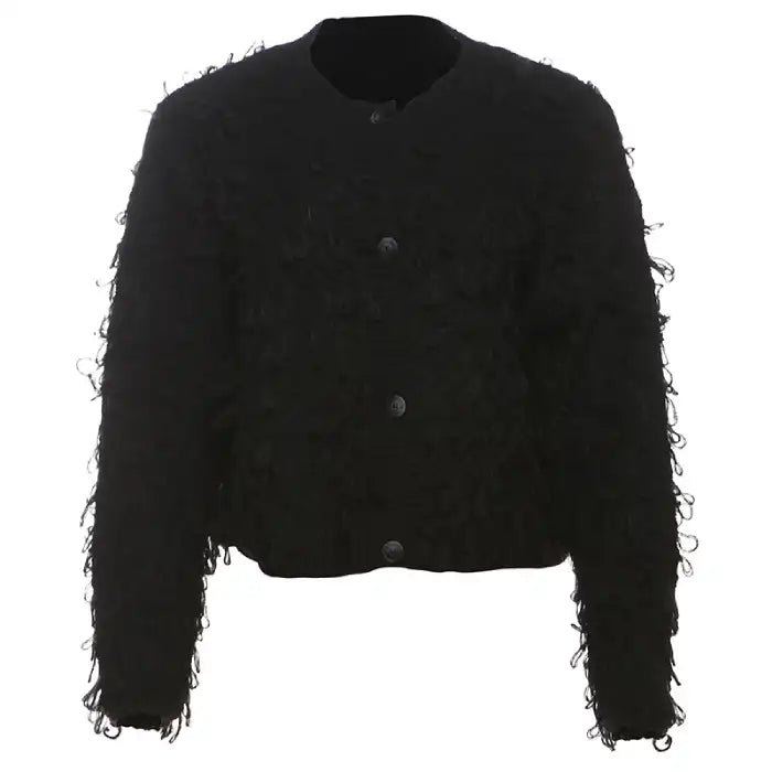 Textured loop knit cardigan jacket in black, flat lay displaying fuzzy loop details and button front closure design.